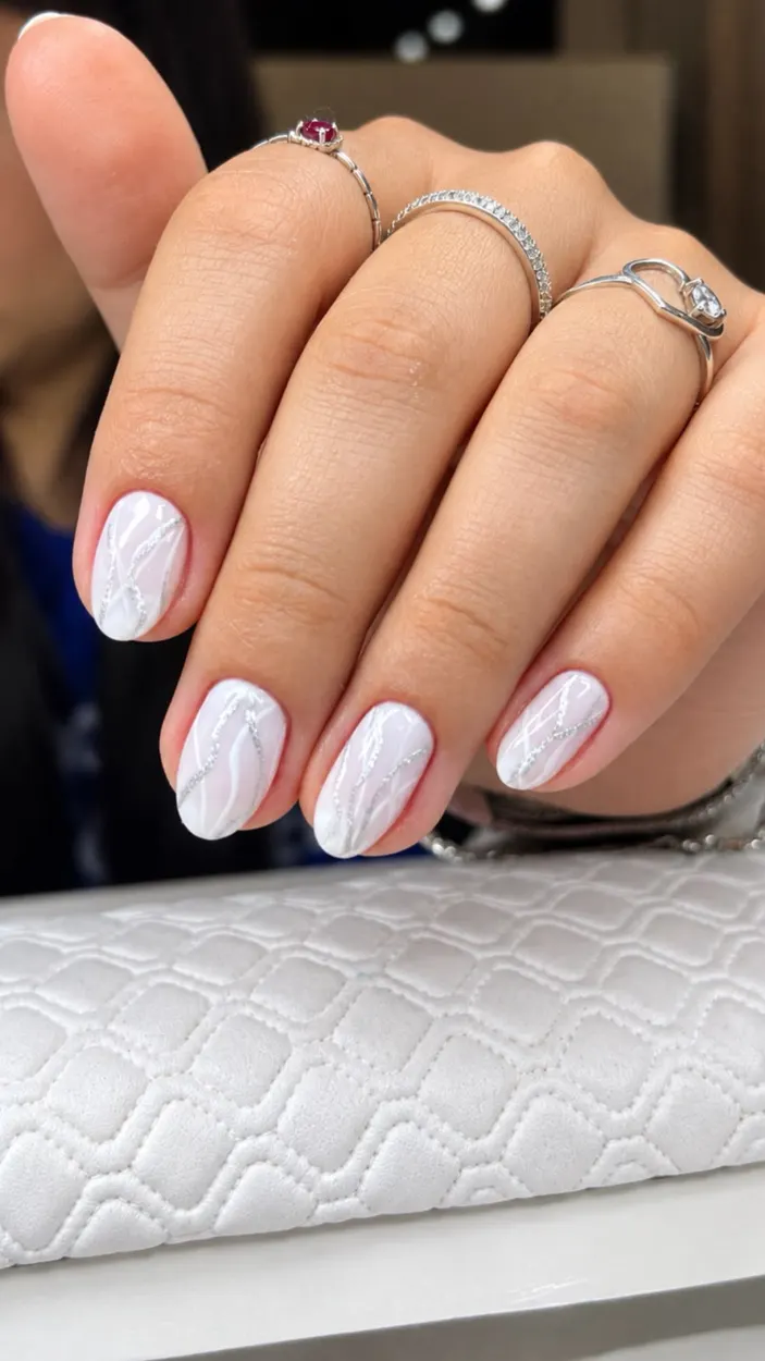 Unhas brancas com nail art prateada em Sapucaia do Sul